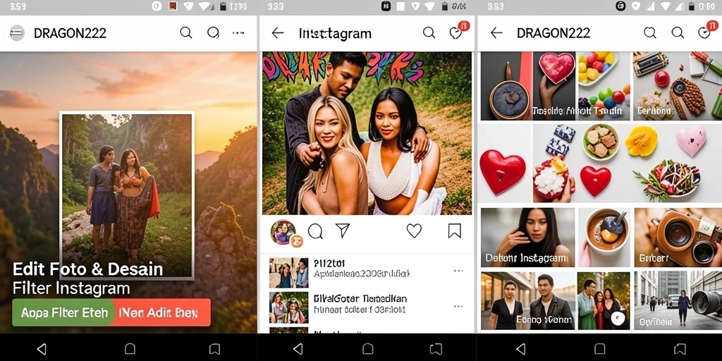 Antarmuka aplikasi DRAGON222 dengan berbagai pilihan filter Instagram.