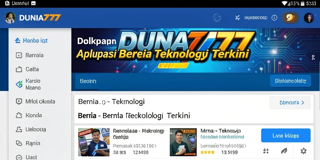Antarmuka pengguna DUNIA777 menampilkan berita teknologi terbaru dan kategori yang beragam.