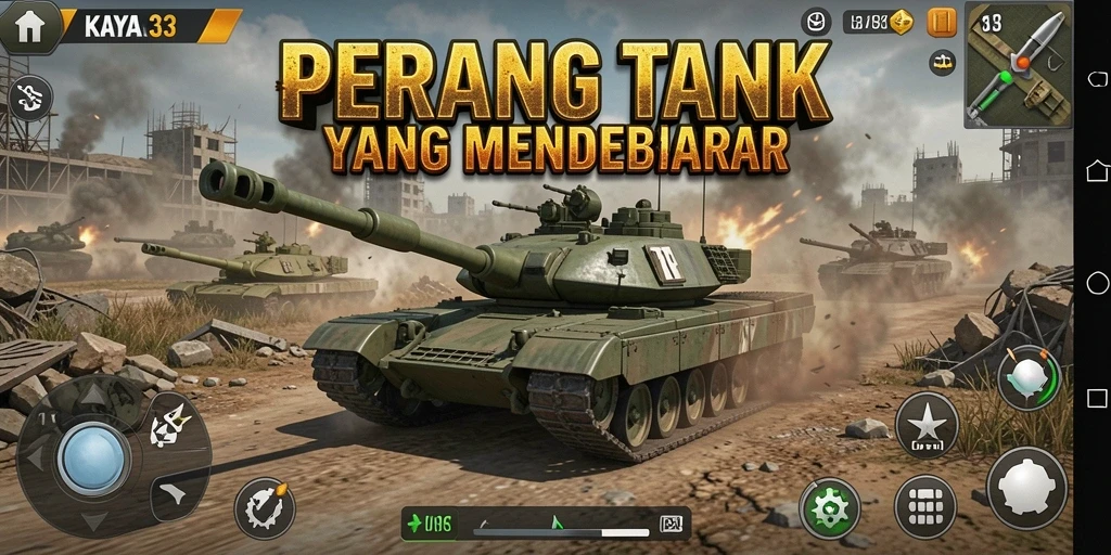Antarmuka permainan KAYA33 dengan tank dan medan perang yang menakjubkan.